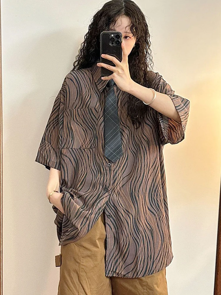 

Zoki Harajuku Tie Striped Shirt Women Loose Vintage Short Sleeve Bf Blouse Casual Preppy Styel Retro American Oversize Tops New