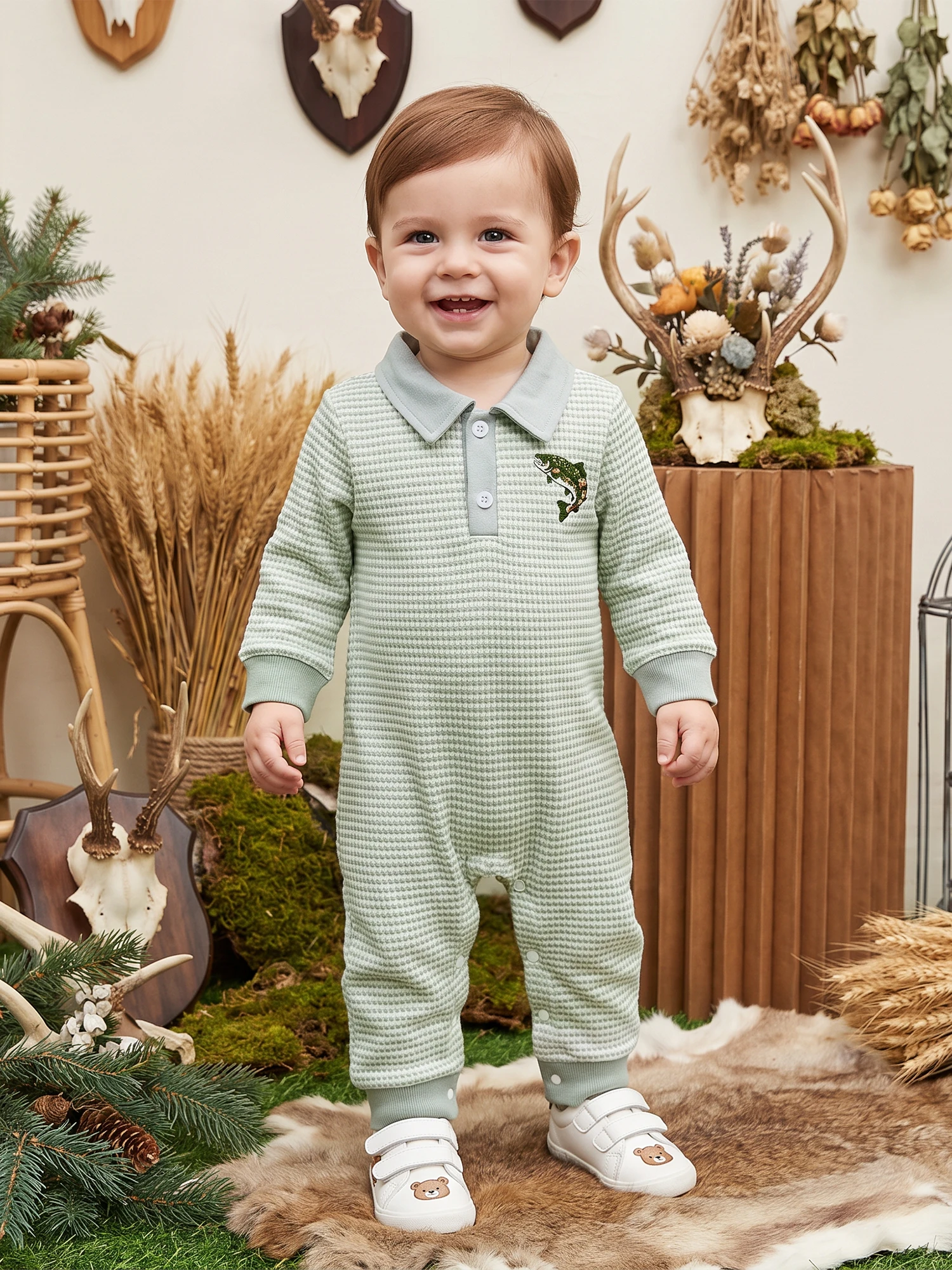 Fall Long Long Sleeve Button Sleeve-Button Sleeve Button Lapel Romper Adorable Baby-Boy Lapel Premium