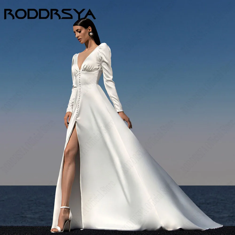 RODDRSYA V-Neck Satin Wedding Dresses A-Line Long Sleeves Peals Bride Gowns 2025 Side Slit Illusion vestido de noiva Customized