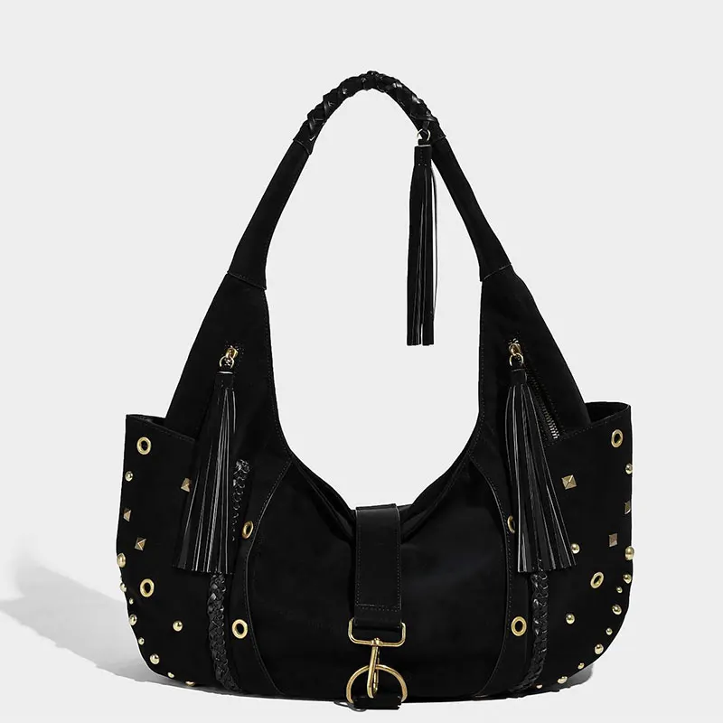 

Женская сумка подмышки в стиле панк с заклепками и плетеной ручкой Y2k, трендовая индивидуальная сумка с несколькими карманами, большая вместительная мотоциклетная сумка на плечо