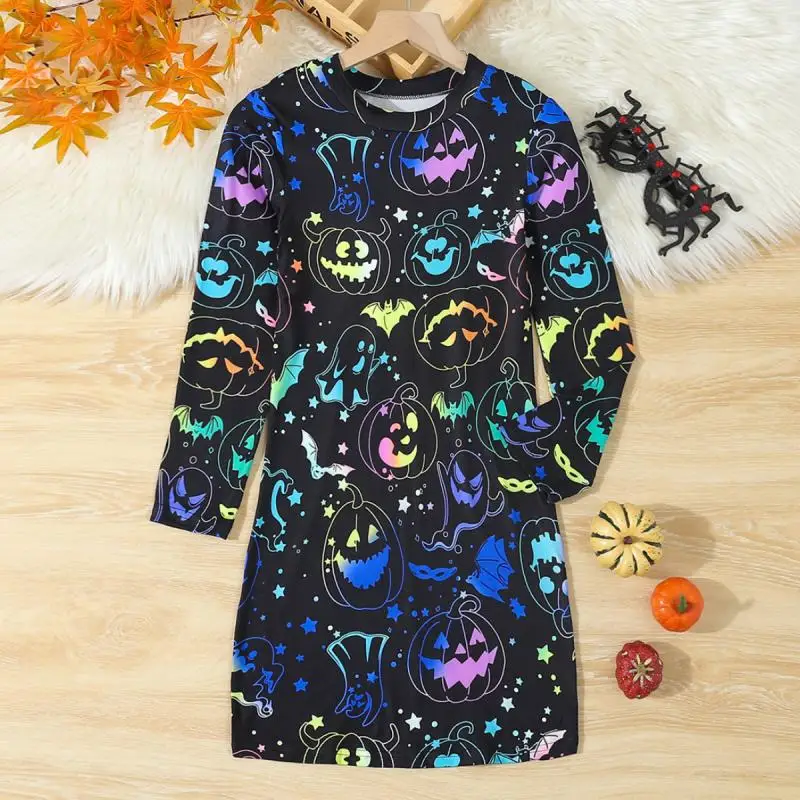 New Pumpkin Bat Cartoon Printed Long Sleeve Dress for Girls In Autumn and Winter Halloween and Christmas Night Light Dress