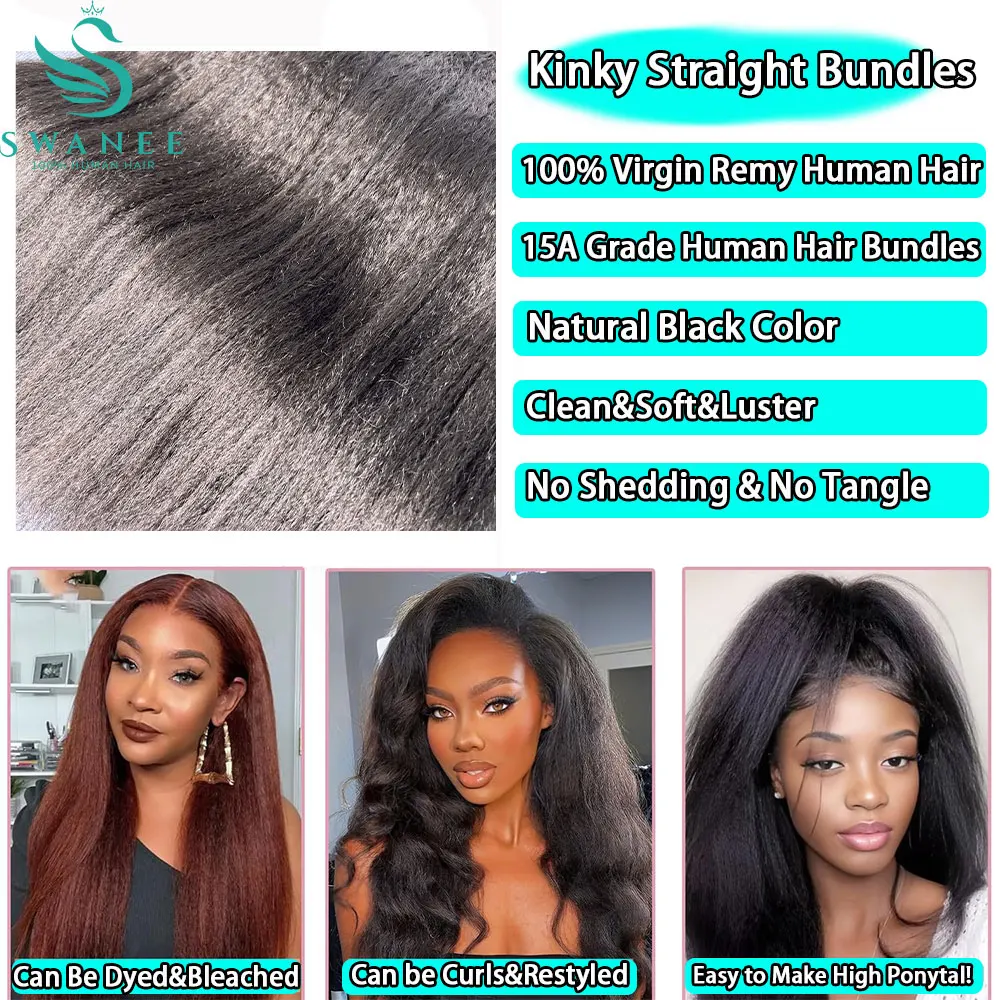 18A Kinky Straight Human Hair Double Weft 1/3/4 bundles Raw Hair Bundles 10-30 Inch Yaki Straight Hair Bundles 100% Human Hair