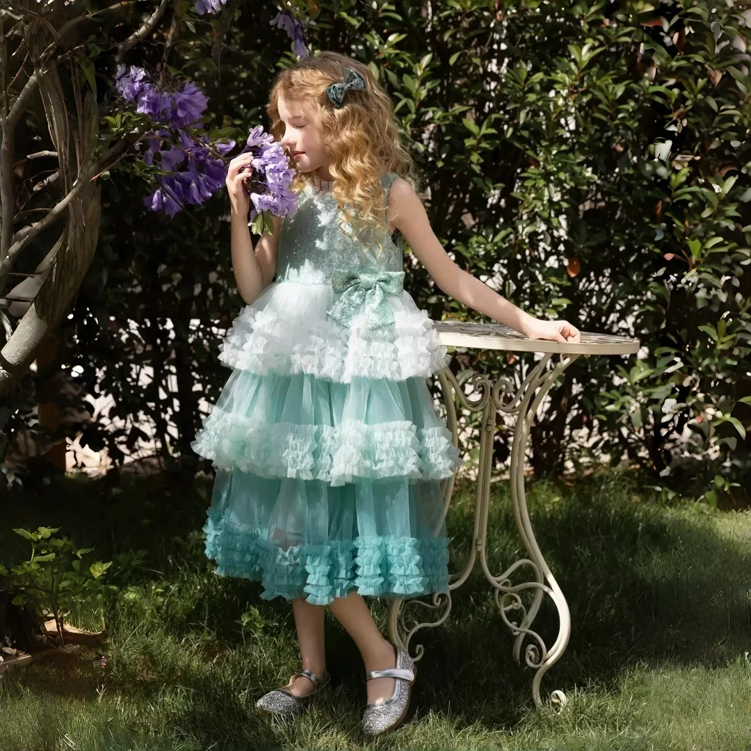 Abito da cerimonia a strati per bambina, personalizzato con pizzo, stile foresta, in tulle, da principessa, per damigella d'onore, abito da festa di matrimonio