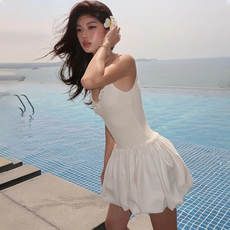 2025 Fashion Woman Backless Halter Casual Solid Slim Sleeveless Mini Dresses Summer New Comes With Belt Poplin Strap Bow Dress