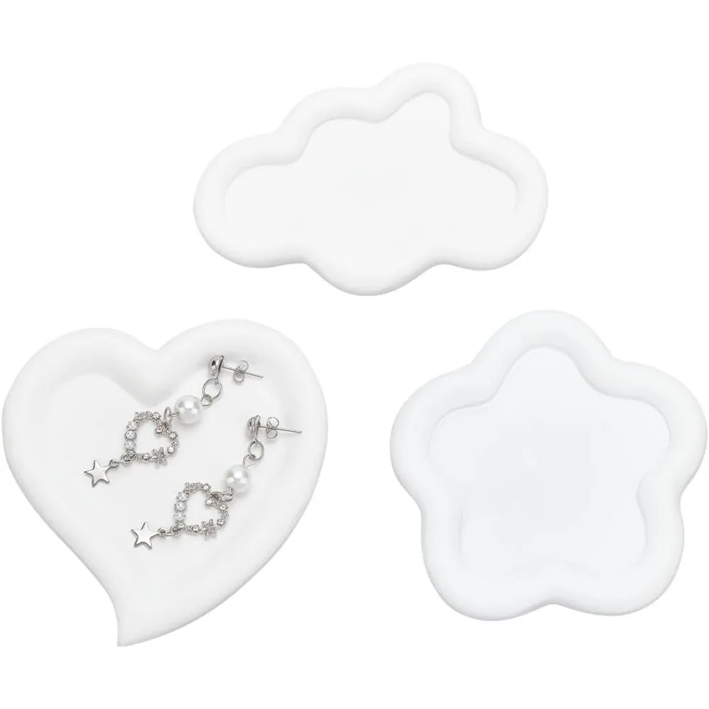 3PCS Jewelry Dish Cosmetics Trinket Tray 3 Styles Resin Heart Cloud Flower Shape Jewelry Storage Plate White Decorative Trinket