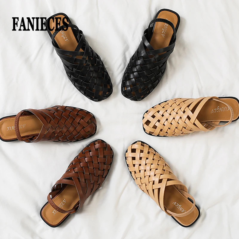 

Handmade Weave Mules Flat Sandals Women Summer Casual Big Size Roman Footwear Narrow Band Slip-on Cover Toe Gladiator Sandalias