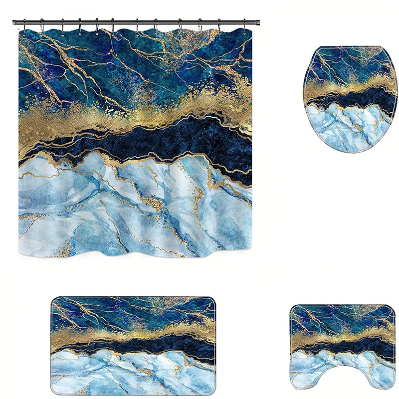 Abstract Blue Pink Golden Cracked Lines Honeycomb Marble Shower Curtains Set With Bath Floor Rugs 4Pcs For Bathroom Decor