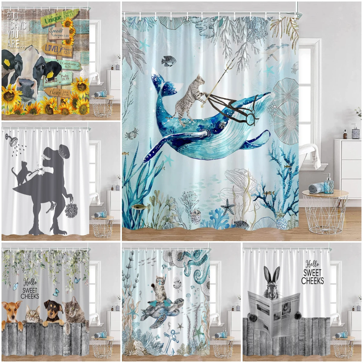 

Funny Animals Shower Curtains Cat Riding Dinosaur Farm Animals Cows Rabbits Dogs Bathing Elephant Bathroom Curtain Bathtub Decor