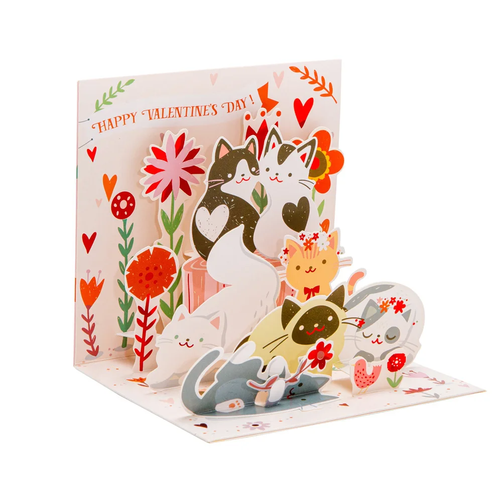 

Valentine's Day Three-dimensional Greeting Cards Cute Kitty Cards Stamping Handmade Three-dimensional Pop-up Greeting Cards