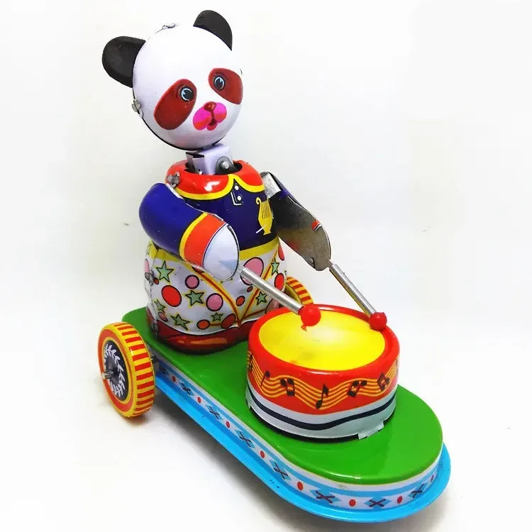 

[Funny] Adult Collection Retro Wind up toy Metal Tin drumming animal panda car Mechanical Clockwork toy figures model kids gift