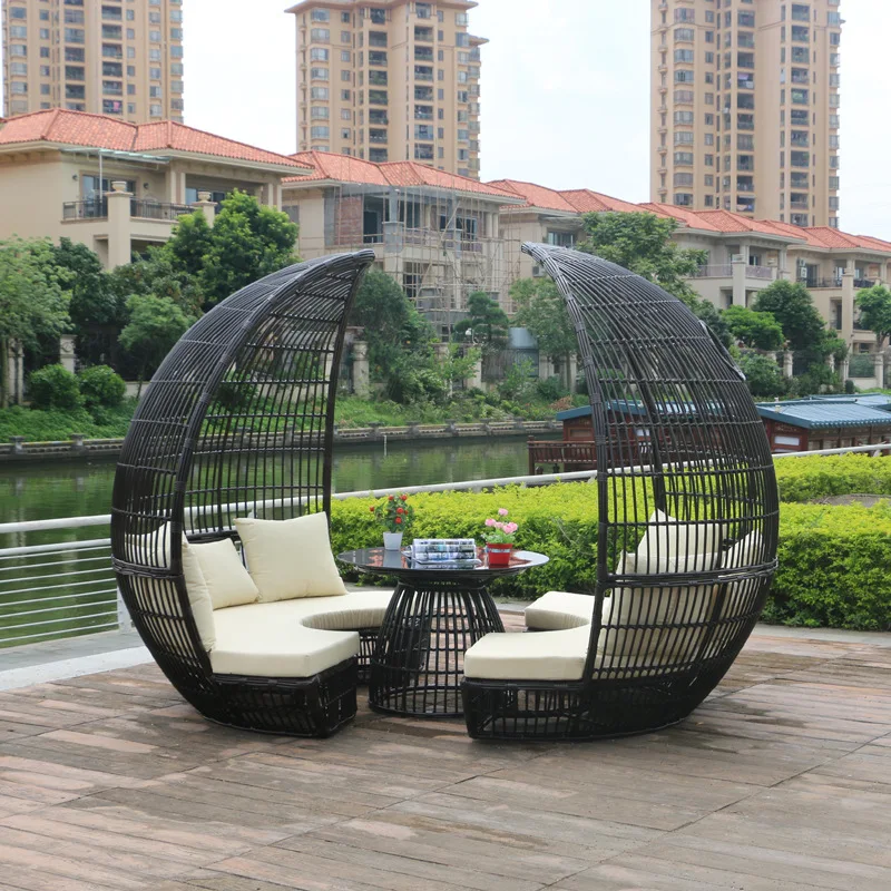 kv-Wicker Garden Restaurant Pool Luxury Outdoor Furniture Garden Set Rattan Outdoor Round Sofa Daybed with Canopy&
