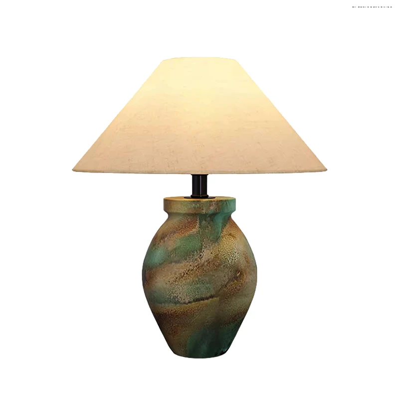 

Vintage Army Green Ceramic Pot Table Lamp Handmade Japanese Style Bedside Lamp for Bedroom Living Room Hotel Office