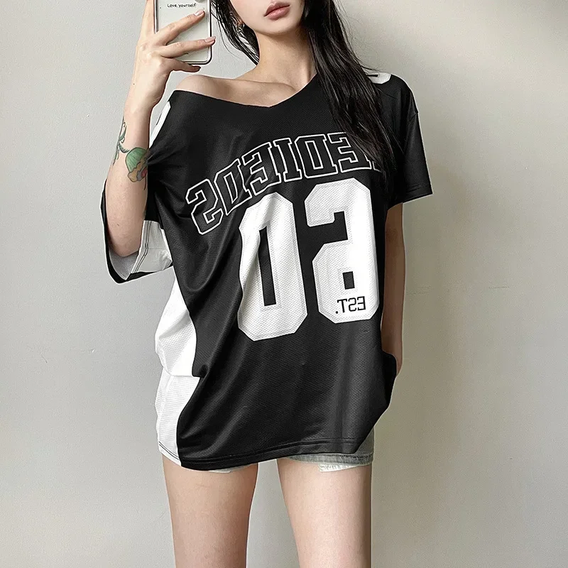 

2025 Women Harajuku Skew Collar Casual Tees Y2k Aesthetic Summer Letter Printing T-shirts Harajuku Patchwork Loose Oversize Tops
