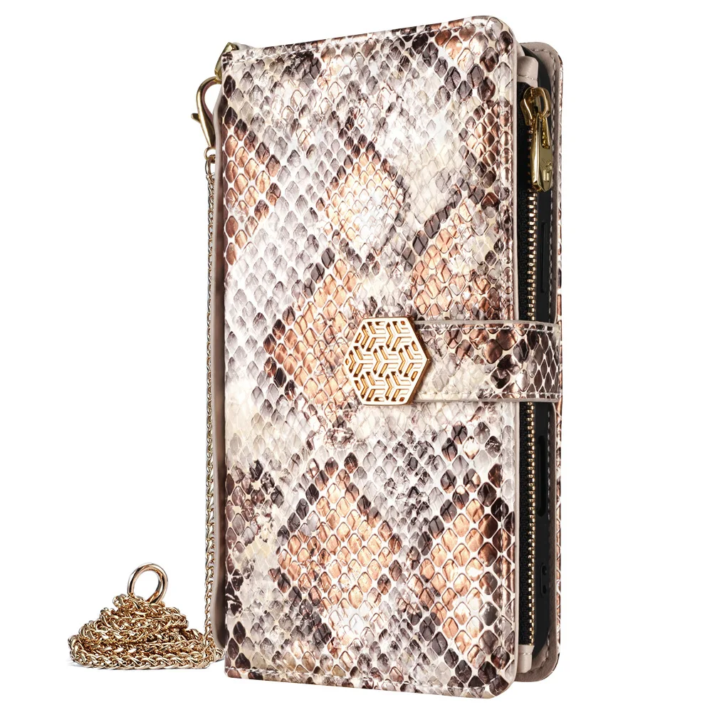 Metal Shoulder Strap Wallet Case for iPhone 14 12 13 15 16 17 Pro Max 16E 17E Lady Leather Card Slots Pocket Lanyard Cover
