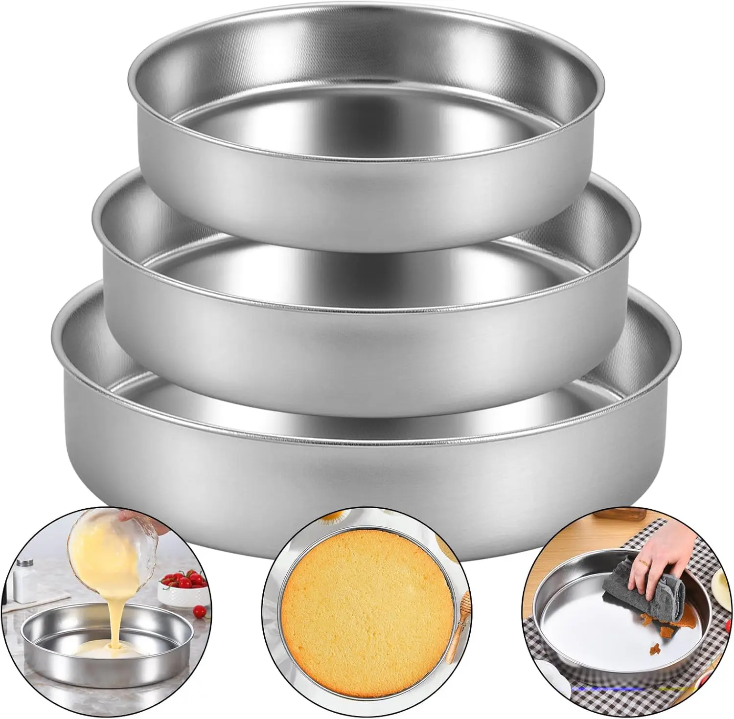 

Набор круглых форм для выпечки из нержавеющей стали, 3 штуки (8 дюймов / 9,5 дюймов / 11 дюймов), формы для многоярусных тортов, идеально подходят для