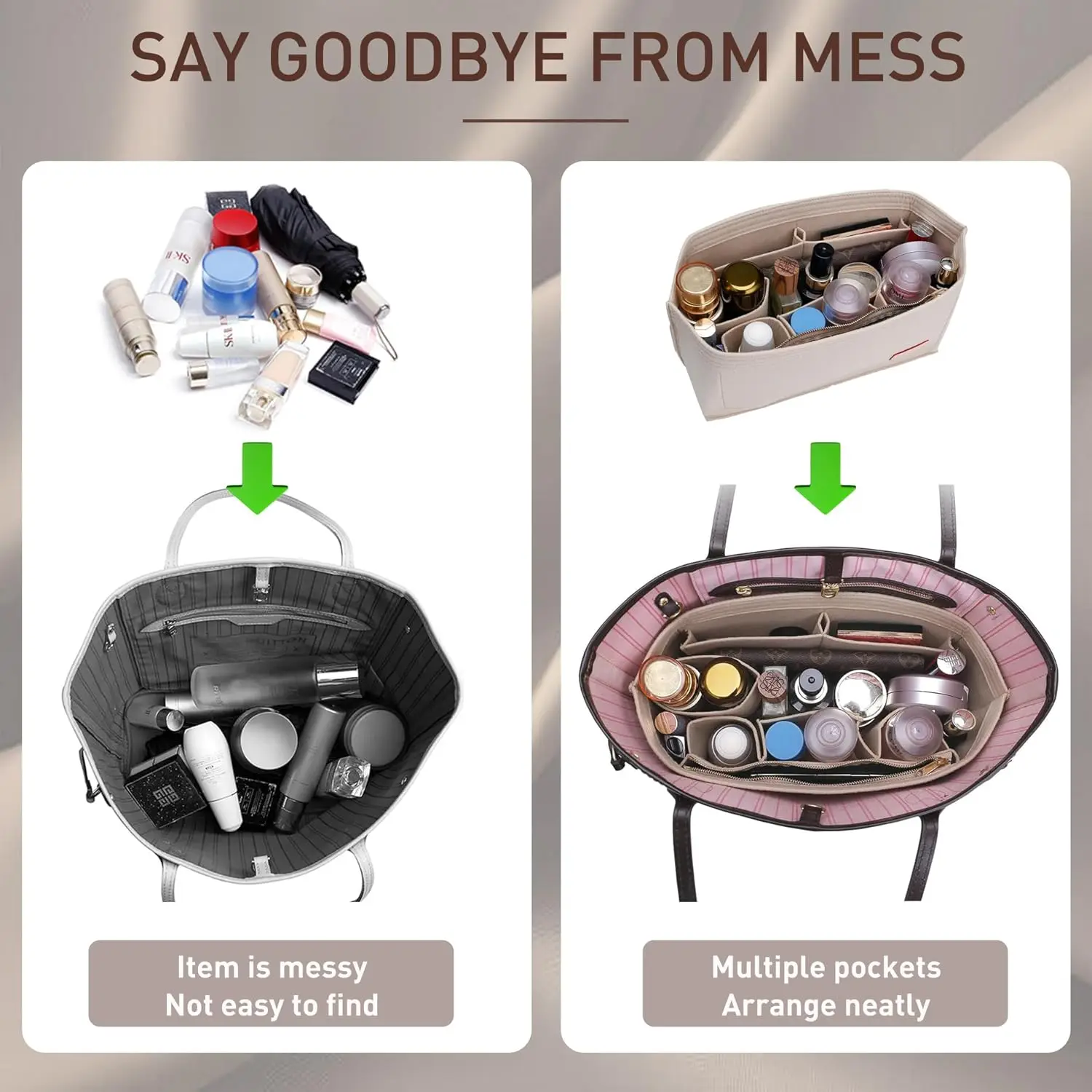 Zipper Felt Purse Organizer + Base Shaper 2pc Set | Fit LV Speedy Neverfull MM | Large Tote Handbag Inner Organizer