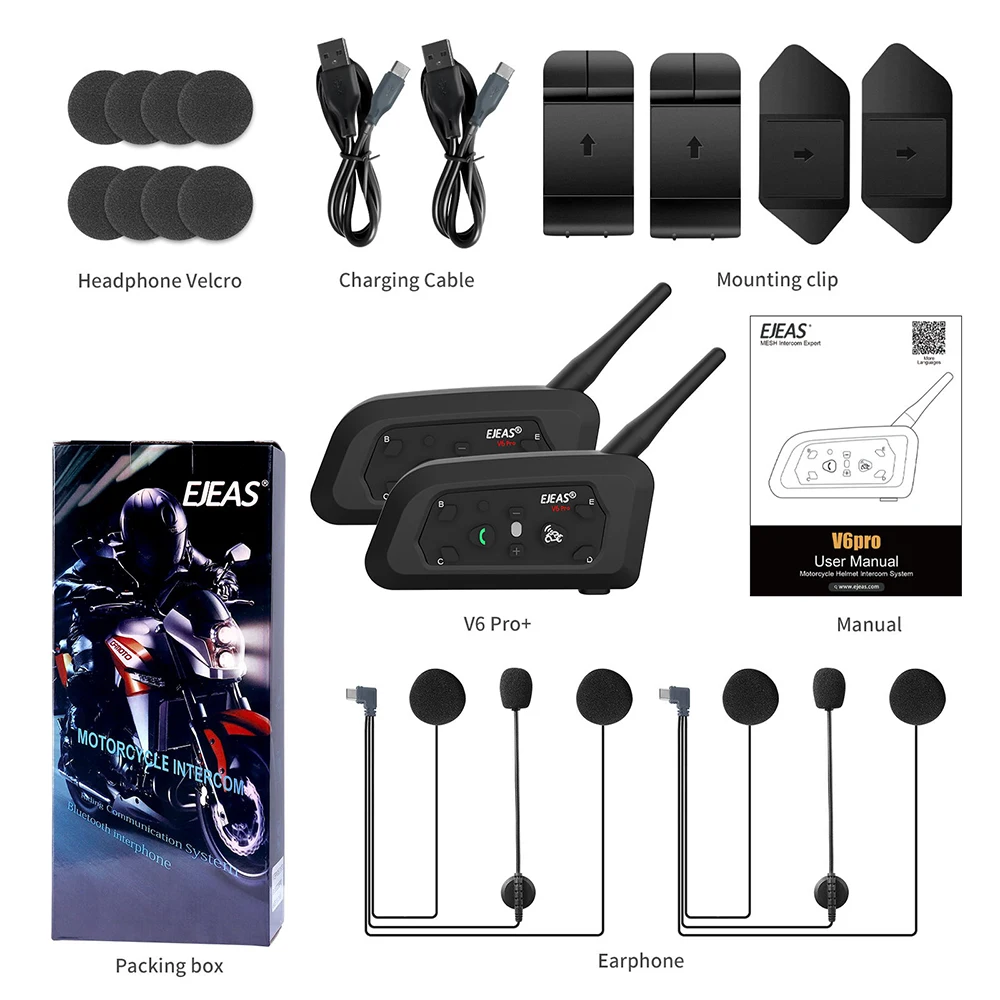EJEAS V6 PRO + intercomunicador para motocicleta, auriculares con Bluetooth para casco, intercomunicador de 800m, resistente al agua, reproductor de música con cancelación de ruido