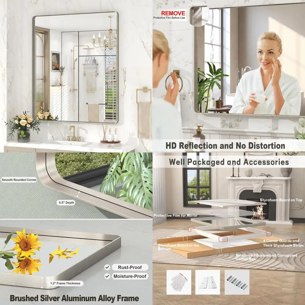 

36 x 30 Brushed Nickel Wall Mirror, Rounded Vanity Mirror, Tempered Glass, Anti-Rust, Shatterproof (Horizontal/Vertical)