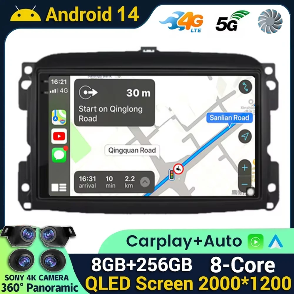 Android 14 CarPlay Auto Car Radio For Fiat 500L Egea Doblo 2012 2013 2014 2015 2016 2017 Multimedia Stereo Player GPS 360 Camera