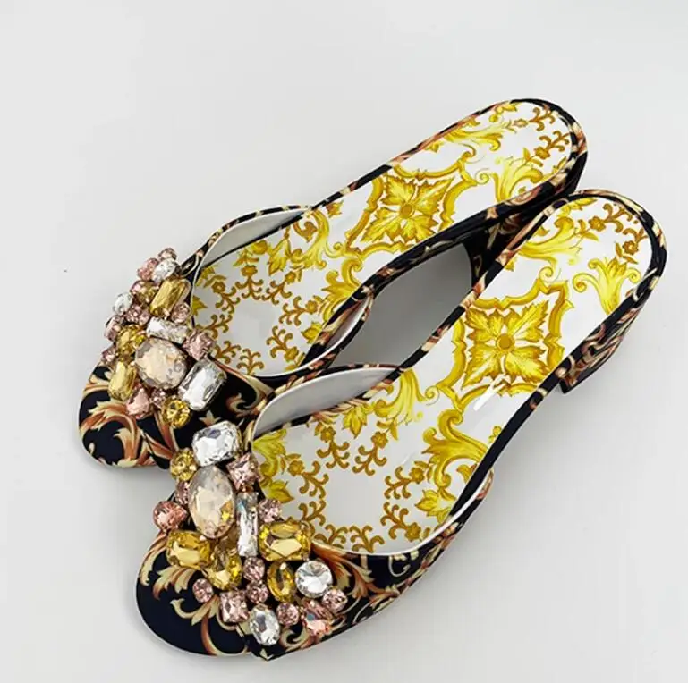 Bohemia Multi Bling Rhinestone Porcelain Floral Chunky Heels Slipper Summer Peep Toe Women Crystal Slingbacks Sandals Shoes