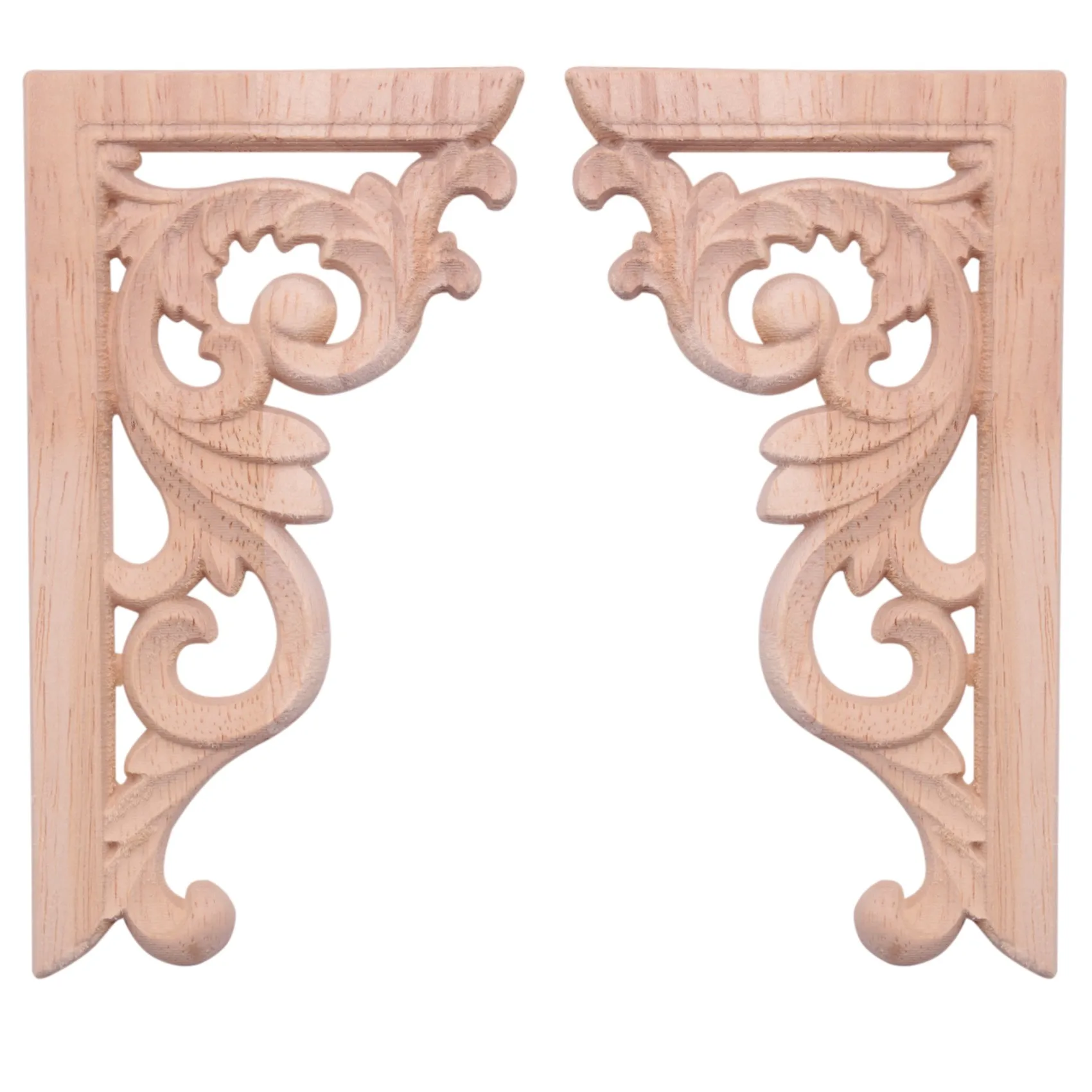 

2pcs left+right(each 1pcs) Vintage Wooden Carved Corner Onlay Furniture Wall Decor Unpainted Frame Applique