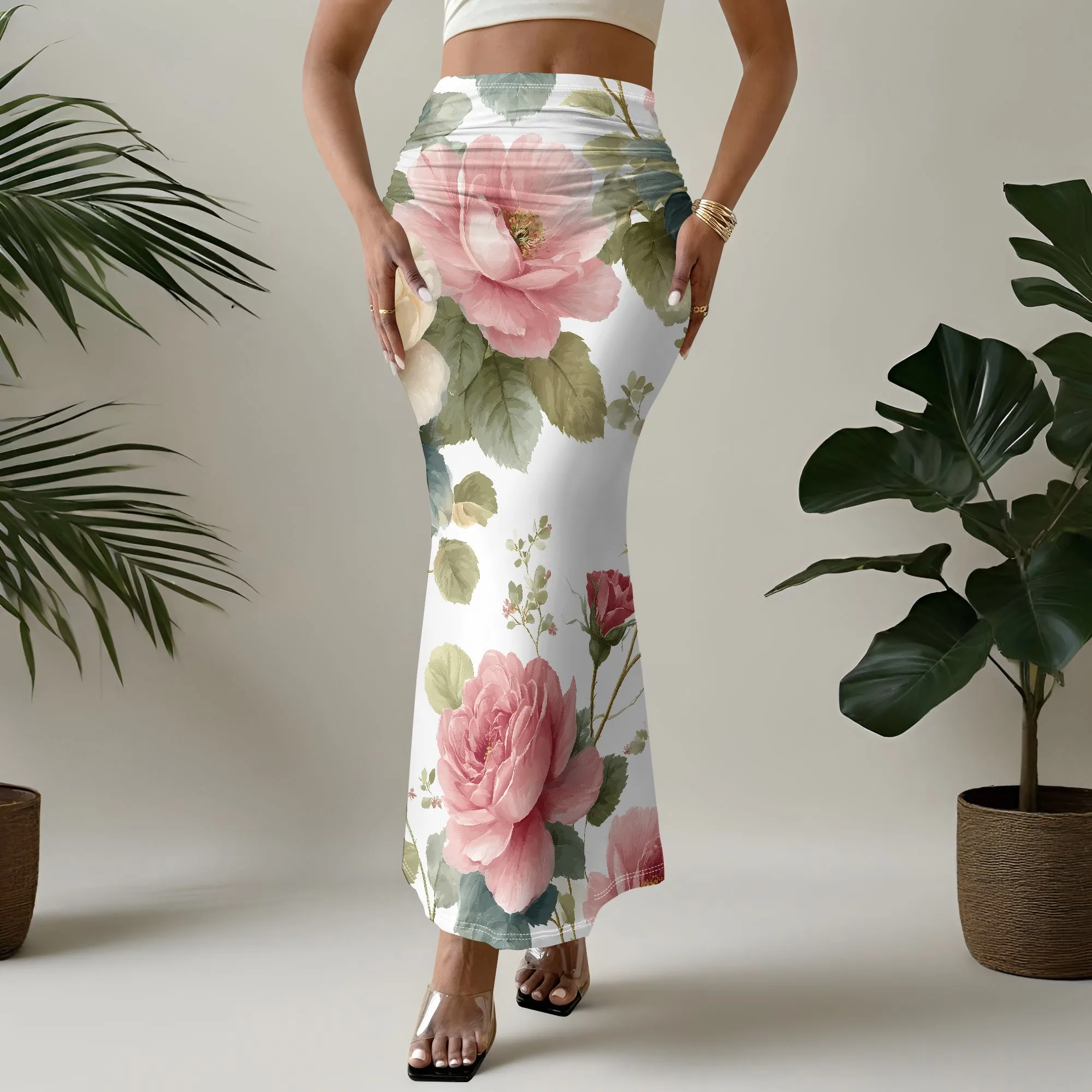 Floral Mermaid Skirt, Pink Rose Print, High Waist Midi, Elegant Summer Fashion for Women, S-2XL