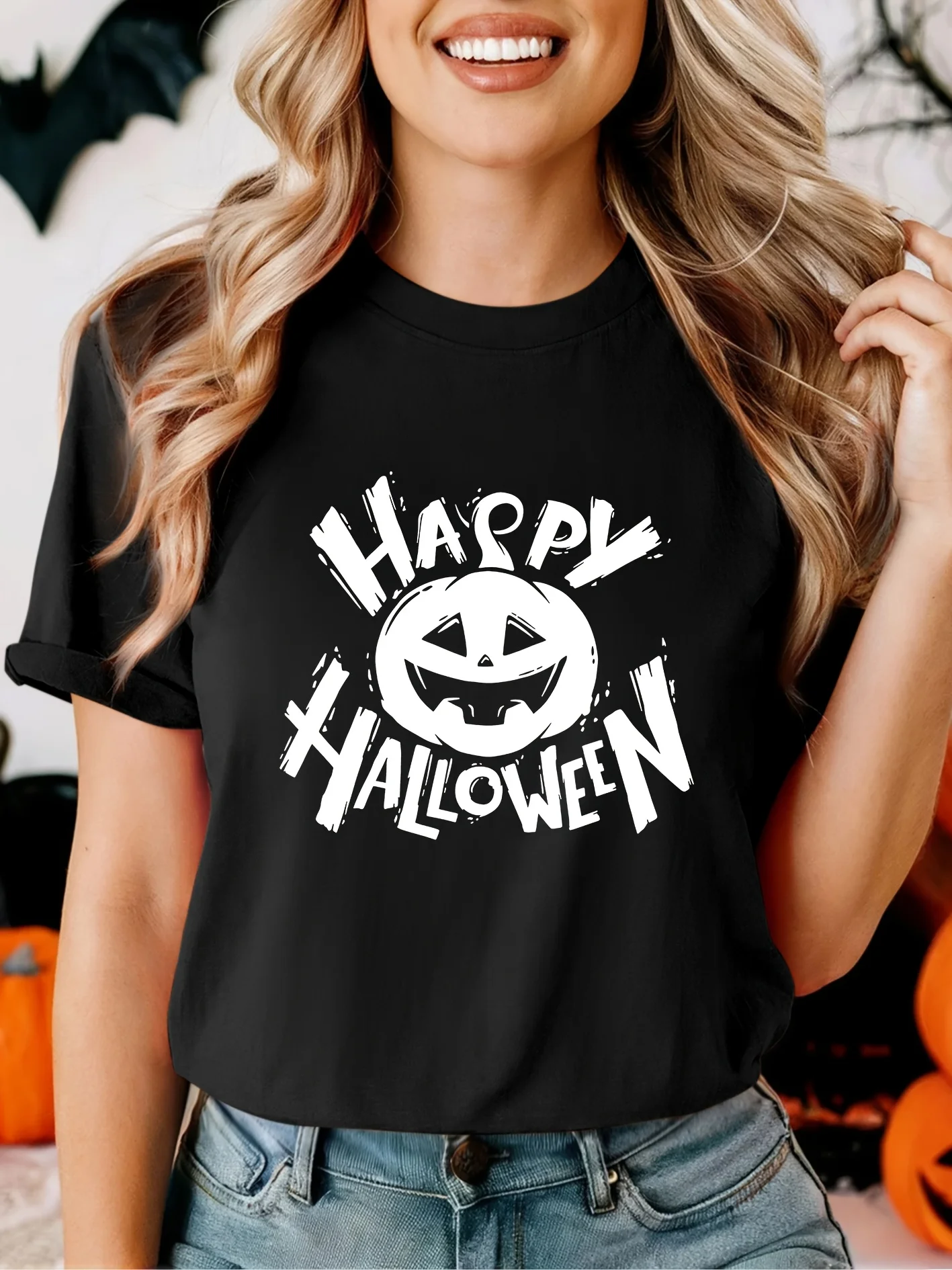 Happy Halloween Pumpkin Face Print T-Shirt, lässige Party für Halloween-Kostüme, Harajuku-Ärmel, lässige ästhetische Kleidung