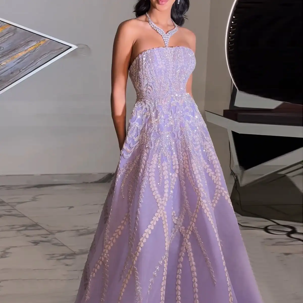 Jancember Dubai Beaded Arabic Lilac Evening Dress with Sleeves Elegant Strapless Women Wedding Party Gowns LSZ462