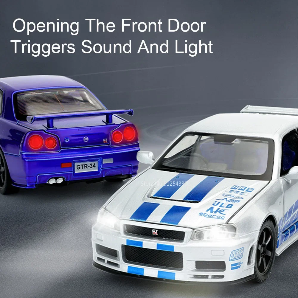 1:32 escala GTR-R34 r35 modelo de carro esportivo brinquedo roda direção liga diecast veículos modelos som luz puxar para trás presentes para crianças