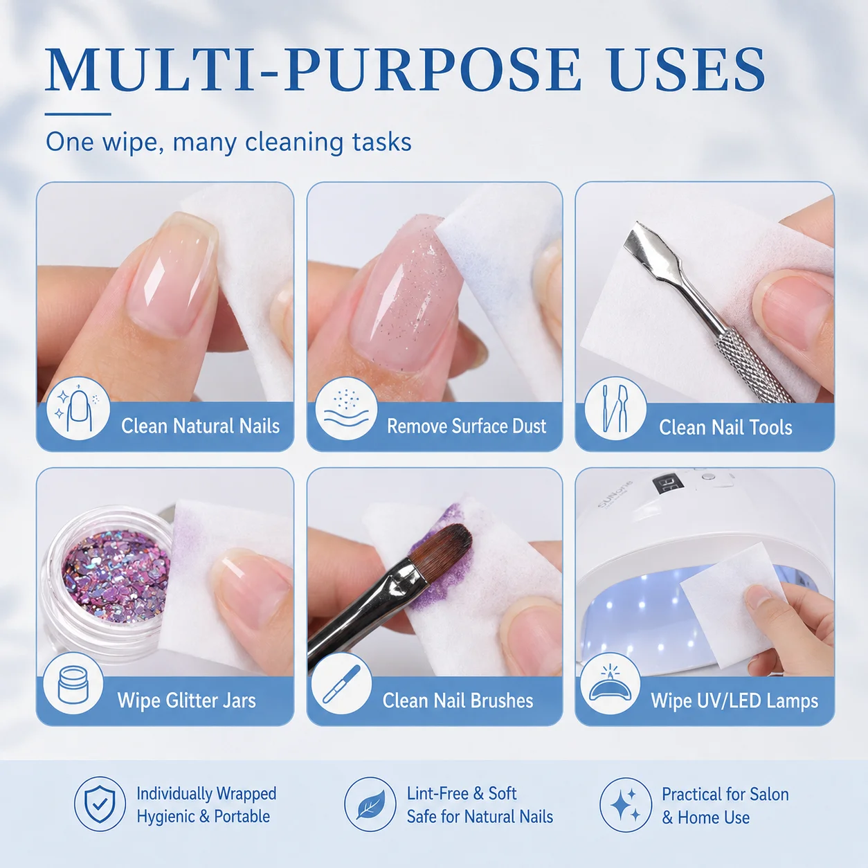 50/100/200Pcs Nail Cleaning Wipes Individually Wrapped Pre-Moistened Gel Cleanser Pads for Nail Prep Tools UV Lamp view 5
