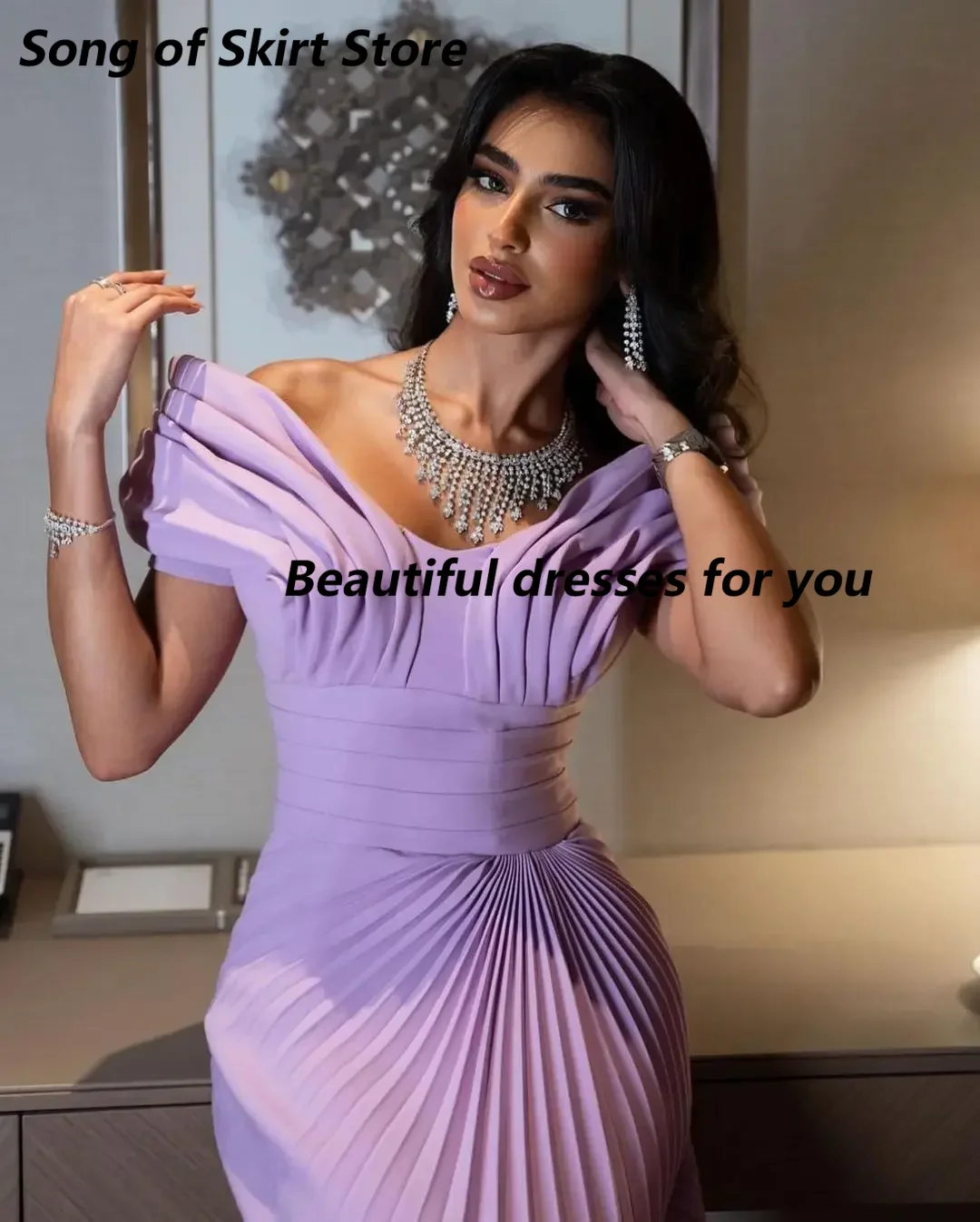 Customized Lilac Luxury Evening Dresses Mermaid Pleat Prom Dresses Off Shoulder Floor Length Saudi Arabia Women\'s Party Gowns