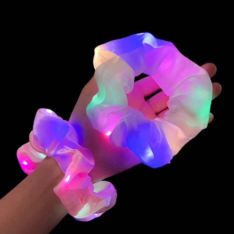 2 Chiếc Bé Gái Màu LED Scrunchies Băng Đô Quấn Tóc Đuôi Ngựa Giá Đỡ Mũ Thun Cột Tóc Trẻ Em Màu Dạ Quang Đồ Chơi Cho Đảng