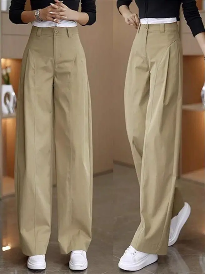 

Женские широкие брюки цвета хаки с высокой талией, свободные повседневные прямые брюки, осенняя новинка, популярные повседневные брюки-палаццо