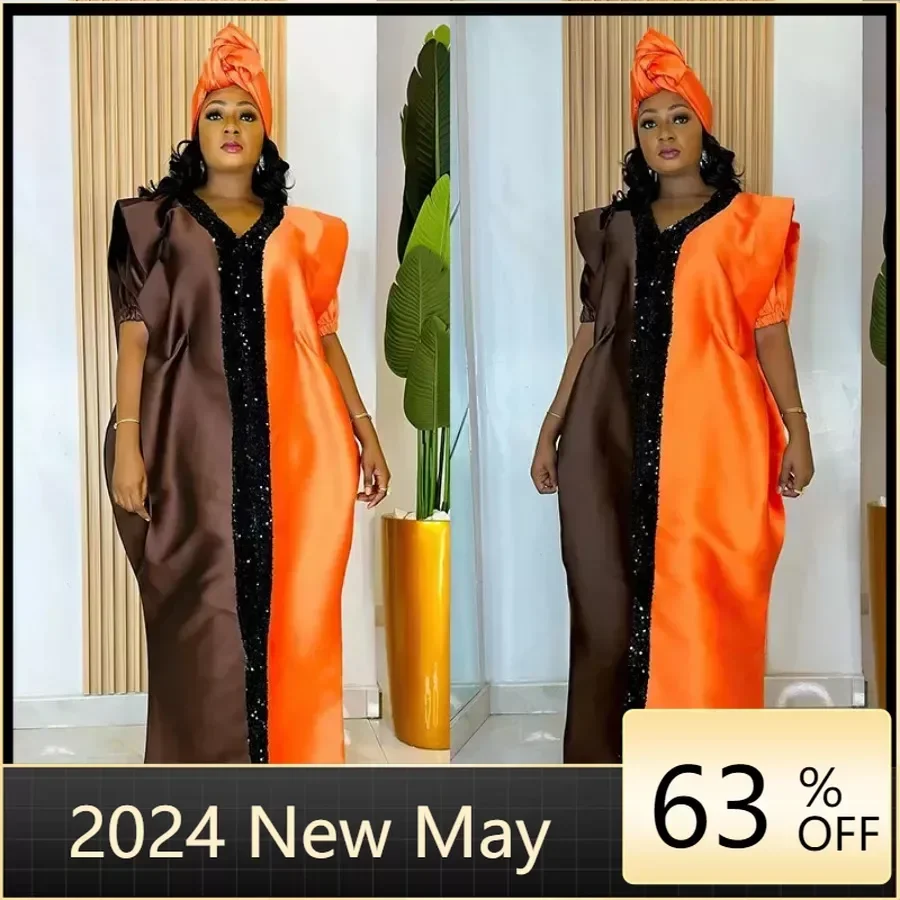 

2024 Plus Size African Dresses for Women Elegant African Short Sleeve V-neck Sequin Party Evening Long Maxi Dress Muslim Abaya