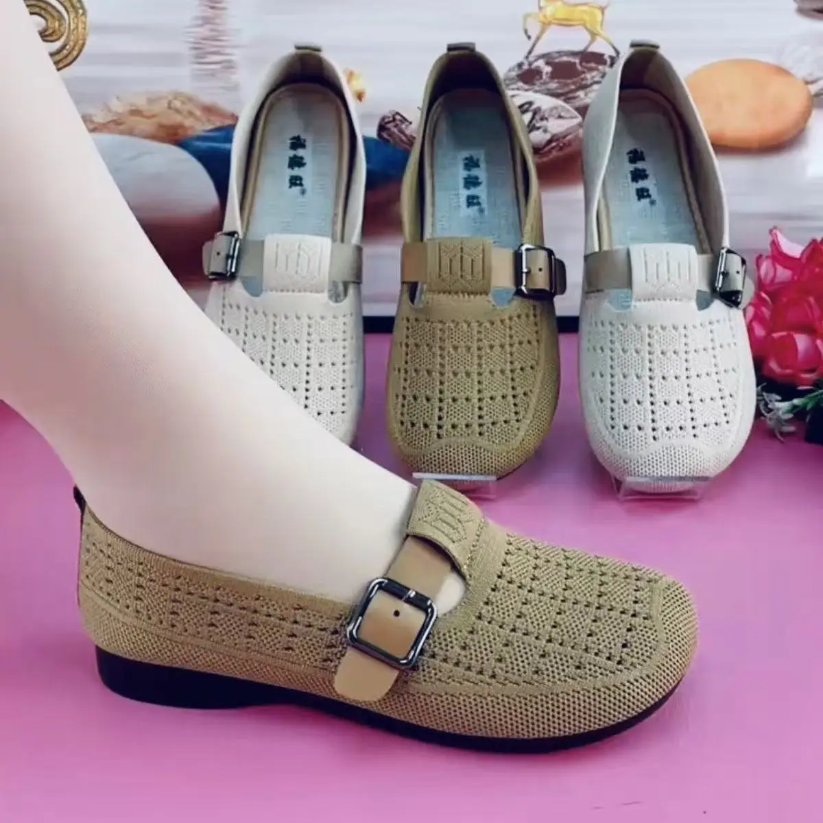 2026 Sommer Damen Atmungsaktive Mesh Mary Jane Flats Weiche Rutschfeste Sohle Leichte Bequeme Slip-on Laufschuhe für Mütter – Detail 3