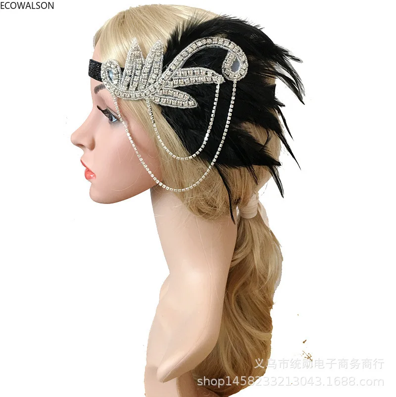 1920s Headpiece Hair Accessories For Women Vintage Black Feather Flapper Headband Great Gatsby Party Jewelry Forehead Decoration