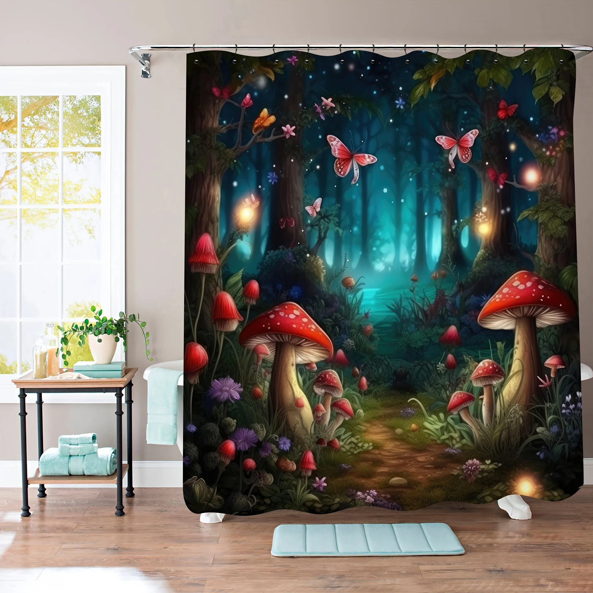 

Magical Mushroom Forest Shower Curtain, Dreamy Night Scene, Waterproof Polyester, Whimsical Fantasy Bathroom Decor