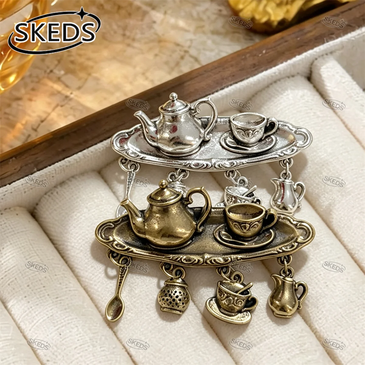 SKEDS Retro Teapot Tea Dangle Brooch Vintage Lapel Pin Teacup Spoon Charm Badge Clothing Scarf Jewelry Accessory for Women