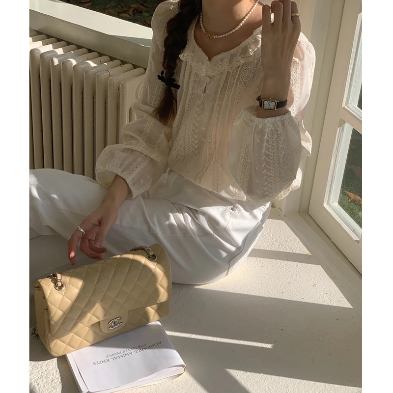 Ele Vintage Long Sve rond Ne dentelle irt femmes Faionable polyvalent charmant chemisier coréen Sle trajet vent