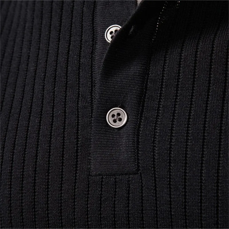 Button Placket Polo Shirt Men Ribbed Stripe Long Sleeve Contemporary Fit Minimalist Autumn Winter Premium Business Top
