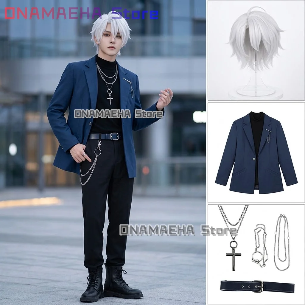 

ONAMAEHA*/Game Needy Girl Overdose Cosplay Karamazov Idol Cosplay Costume Wig Blue Trench Black Suit Accessory Props Halloween