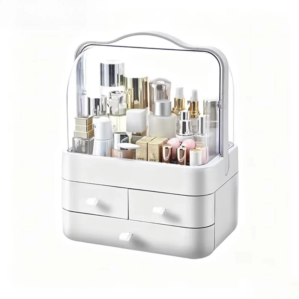 Dust‑proof Makeup Organizer Portable Handle Cosmetic Storage 3 Drawers Large Capacity Desktop Skincare Jewelry Dressing Table