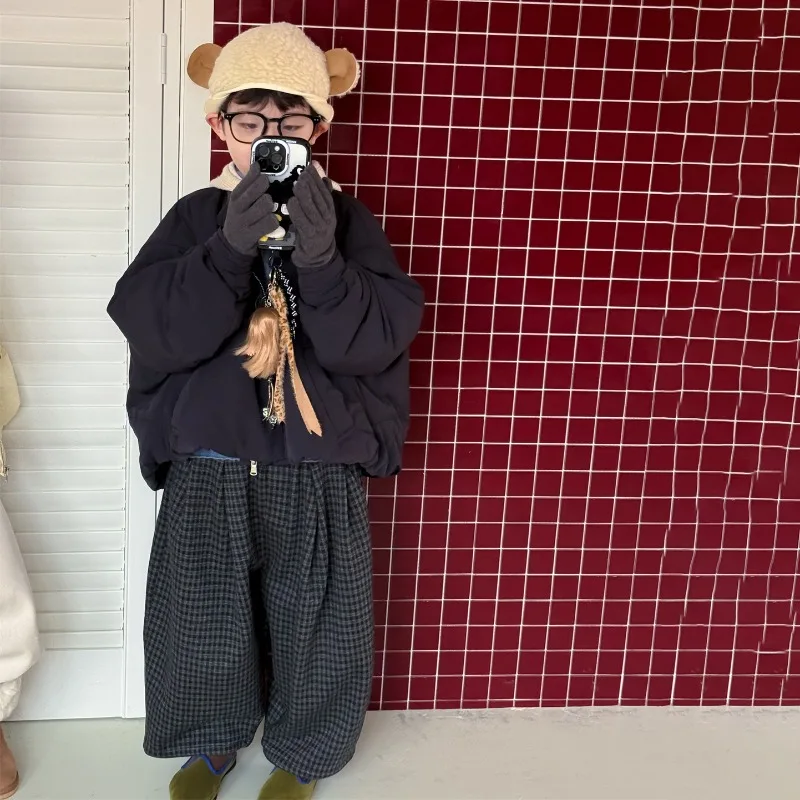 

Boys Pants 2025 Autumn Winter Korean Style Fashion Trendy Casual Daily Minimalist Versatile Plaid Long Loose Pant