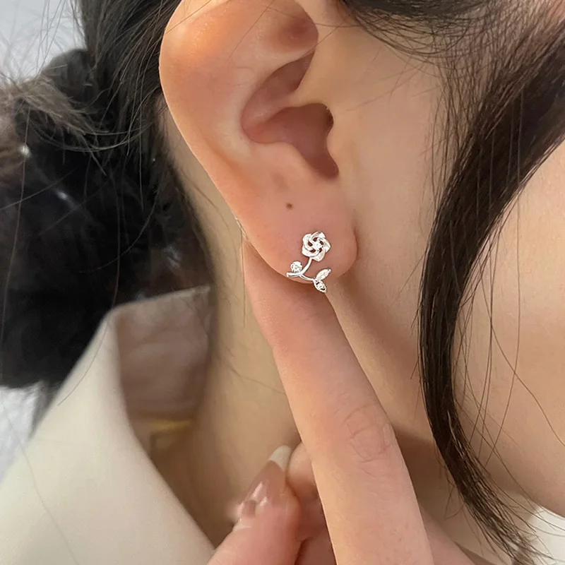 KOFSAC Fascinating Hollow Flower Earrings For Women Mini 925 Sterling Silver Stud Jewelry Shiny Zircon Rose Earring