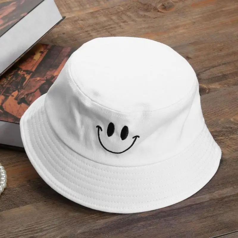 Smile Face Embroidery  Summer Bucket Hat Men\'s Pure Color Panama Fedoras Outdoor Fisherman Hat Visor Basin Cap Beach Hat