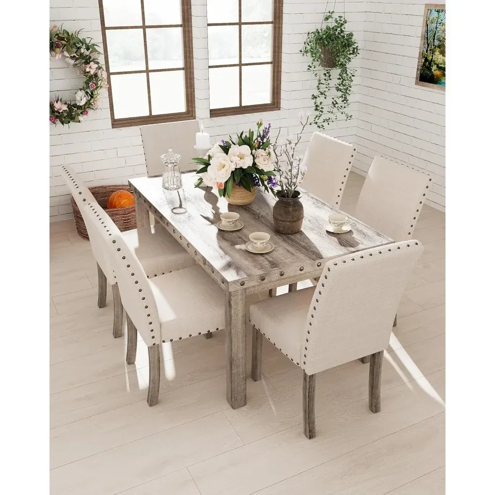 

Fort 7 Piece Rustic Wooden Dining Set, Mid-Century Modern Table & Chair Set for Spacious Dining Rooms and Entertaining Guests