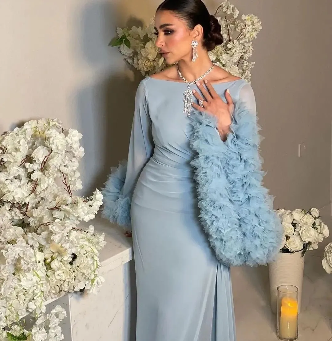 Gaun malam Muslim biru muda 2023 gaun malam sifon Lengan mengembang putri duyung Dubai gaun Prom Formal Arab Arab gaun panjang