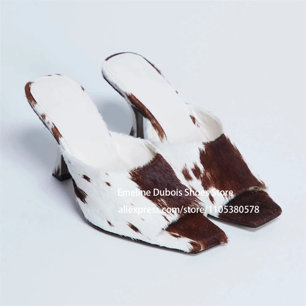 Cow Print Horse Hair High Heel Mules Slip On Irregular Heel Slippers Fashion Women Summer Shoes for Casual Party Custom Color