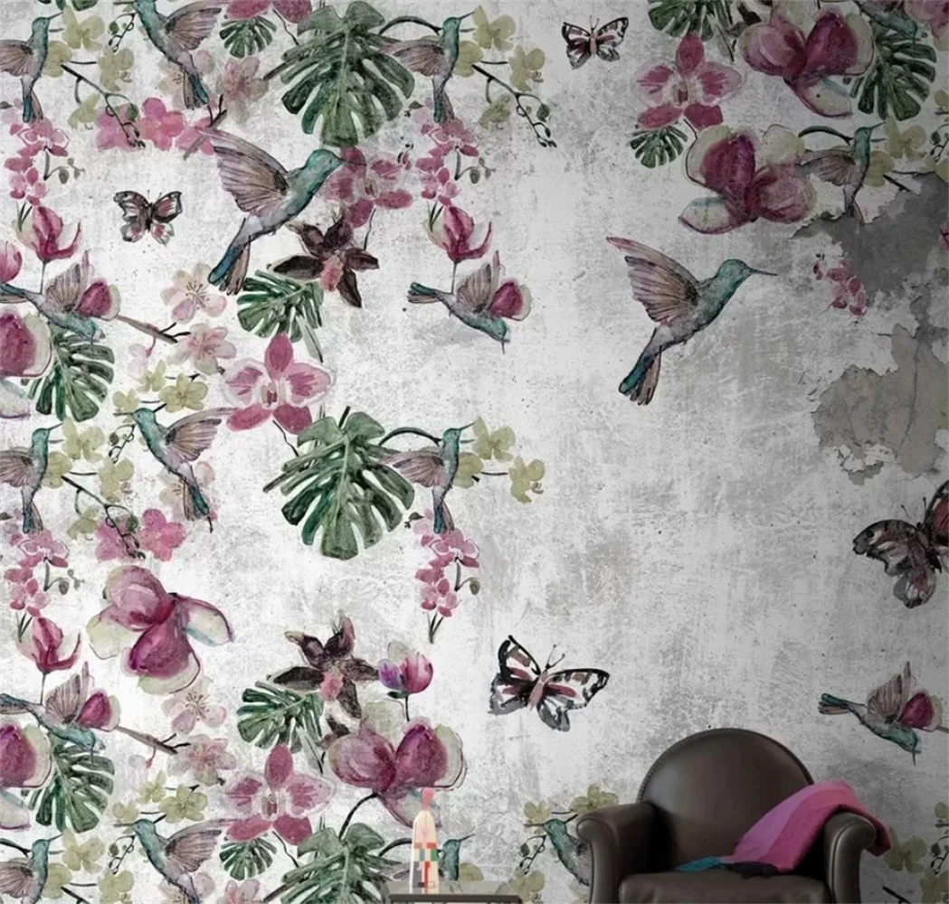American countryside floral wallpaper background wall plants flowers birds butterflies light luxury bedroom custom mural