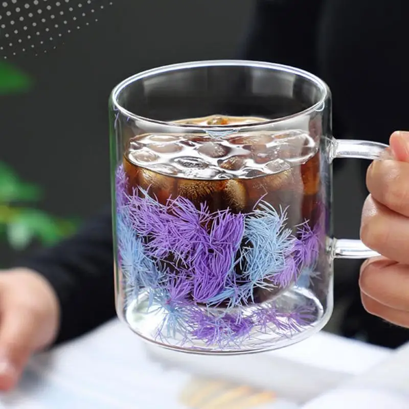 350ML Double Wall Glass Cup Heat Resistant Tea Drink Cups Pine Needles Heatproof & Anti-Scalding Thick Espresso Cups for home